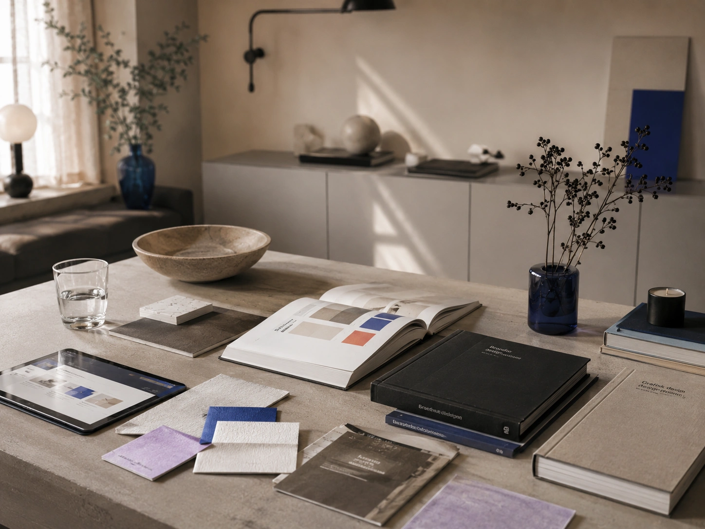 Formgivningsguider, inspirationsböcker och materialprover i en modern studio
