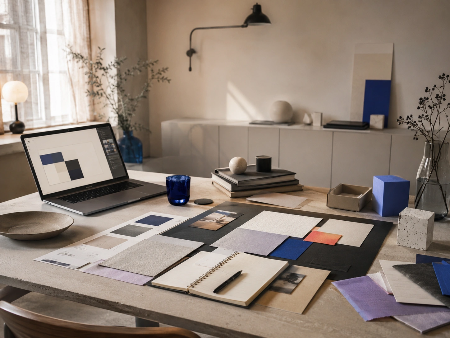 Modern formgivningsstudio med dator, materialprover, färgprover och arbetsmaterial