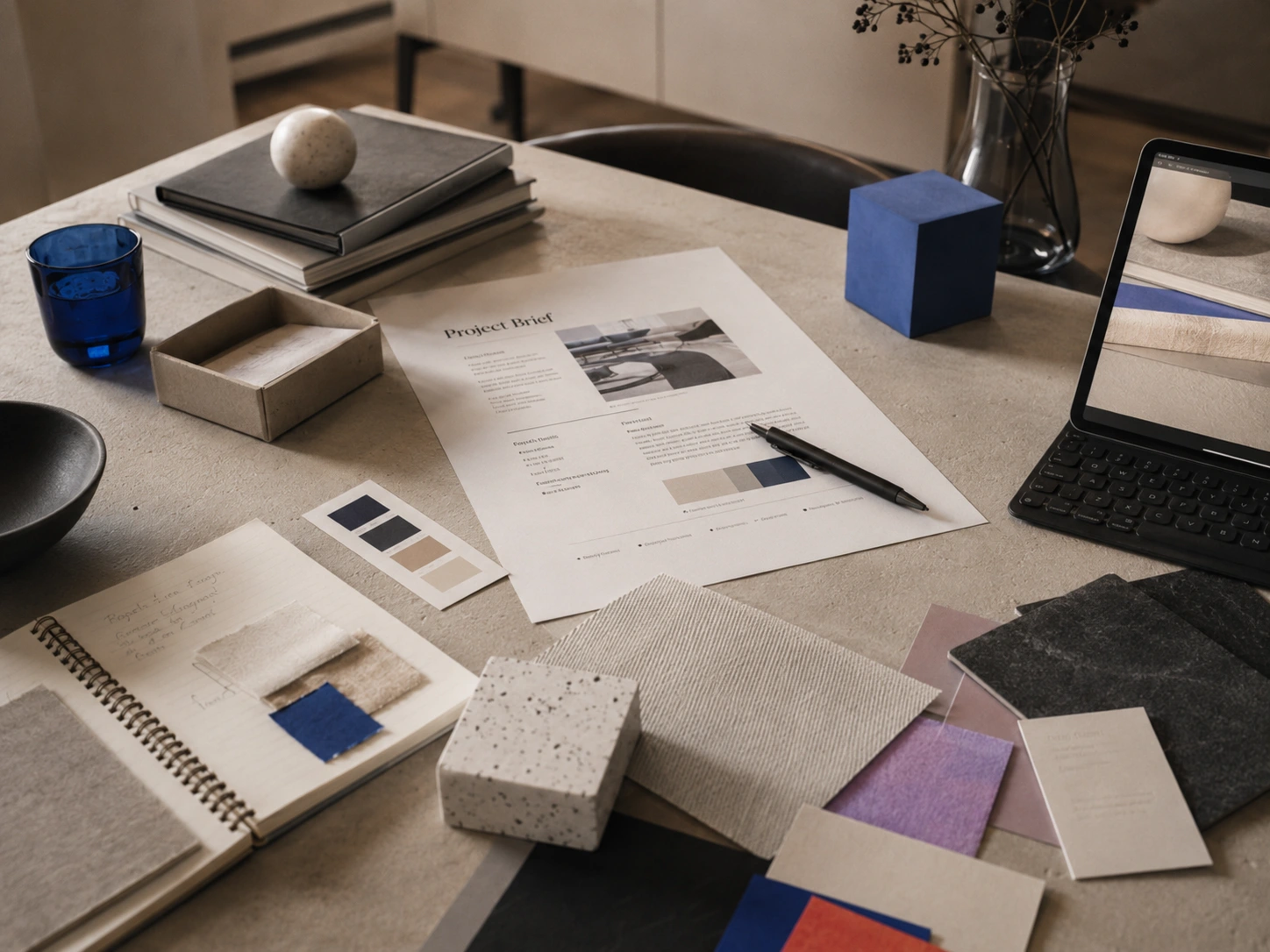 Projektbrief, materialprover och digitalt arbetsverktyg i en modern designstudio